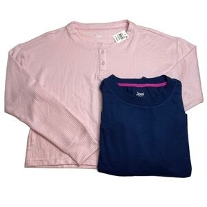 Jenni Long Sleeve Pajama Top Bundle Ribbed Henley Parfait Pink & Navy XS New